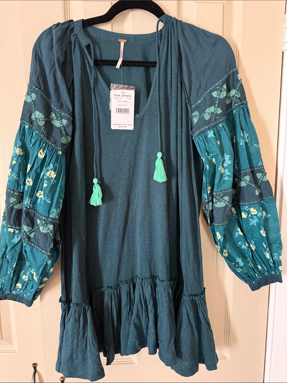 NWT XS Free People Teal Green Embroidered Boho dress or top